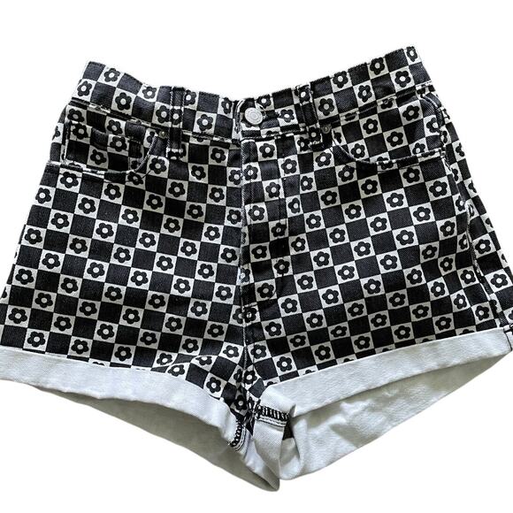 PacSun High Rise Rolled Shorts Y2k Flower Print Black White Waist 25" - Picture 1 of 6